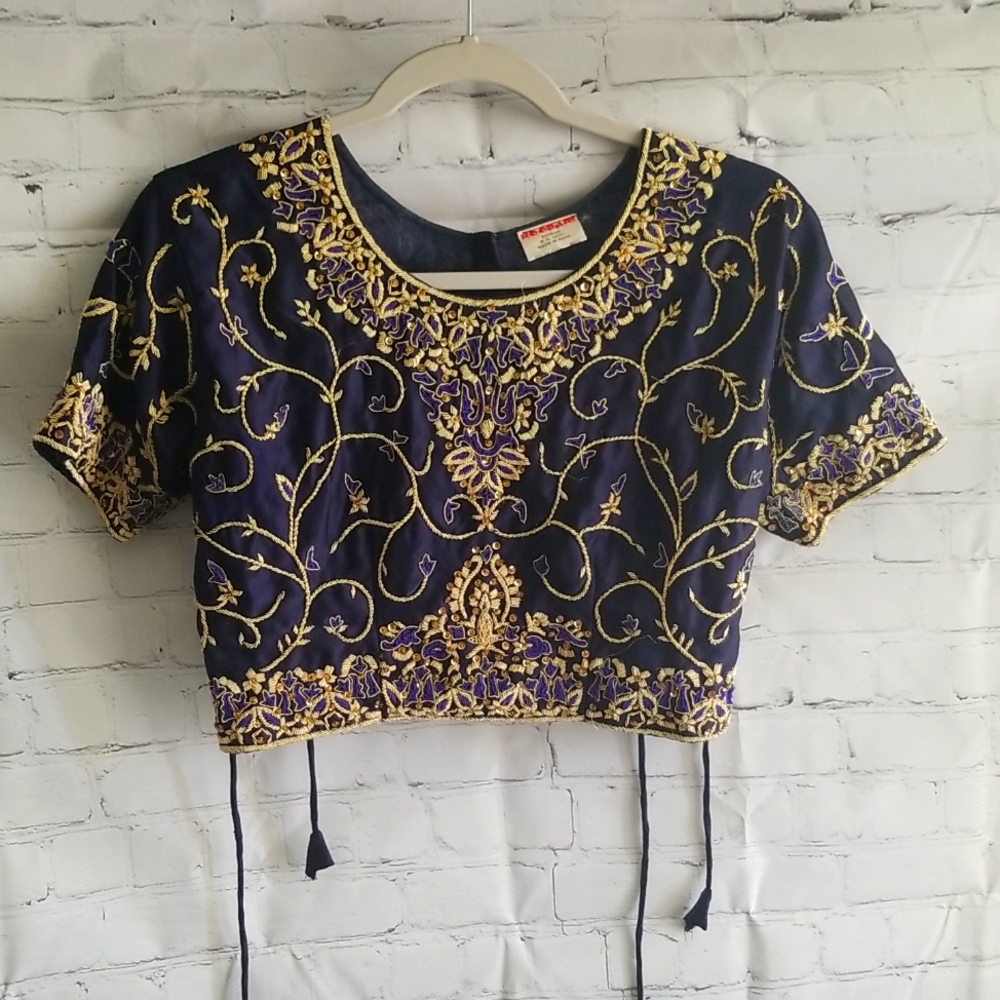 Authentic Hand Beaded Royal Blue cropped top with gold embro embellishments.